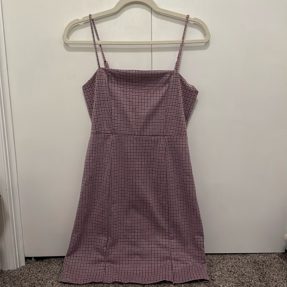 Altar’d State Houndstooth Spaghetti Strap Mini Dress in Pink and Black, Size M